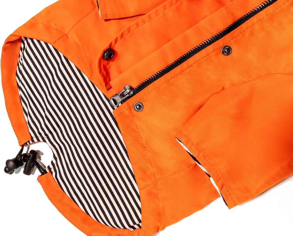 Zip up Dog Raincoats with Reflective Buttons, Pockets, Rain/Water Resistant, Adjustable Drawstring, & Removable Hood - XXS to XXL - Stylish Premium Dog Raincoats (Orange, X-Small)