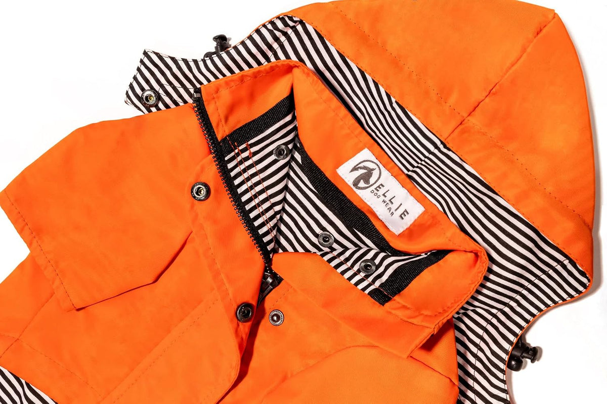 Zip up Dog Raincoats with Reflective Buttons, Pockets, Rain/Water Resistant, Adjustable Drawstring, & Removable Hood - XXS to XXL - Stylish Premium Dog Raincoats (Orange, X-Small)