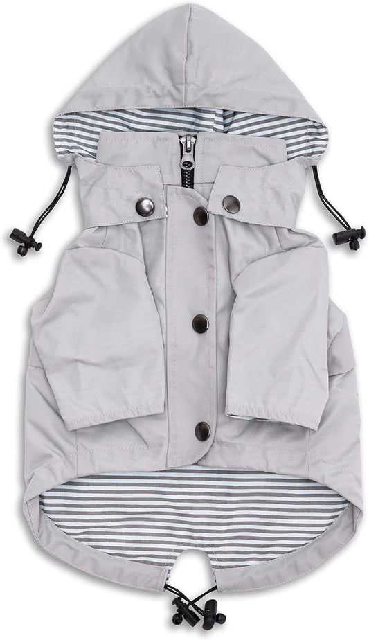 Zip up Dog Raincoats with Reflective Buttons, Pockets, Rain/Water Resistant, Adjustable Drawstring, & Removable Hood - XXS to XXL - Stylish Premium Dog Raincoats (Light Grey, Large)