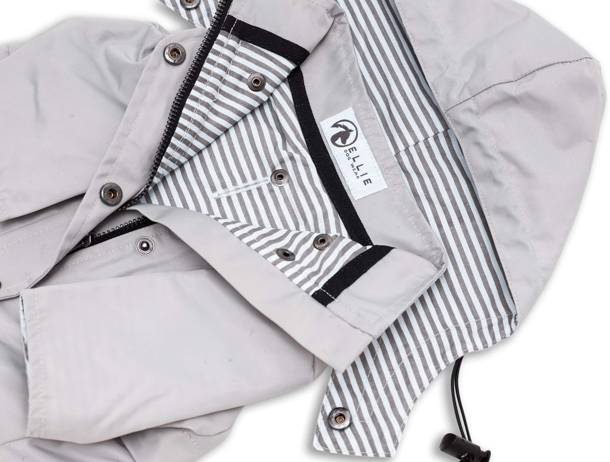 Zip up Dog Raincoats with Reflective Buttons, Pockets, Rain/Water Resistant, Adjustable Drawstring, & Removable Hood - XXS to XXL - Stylish Premium Dog Raincoats (Light Grey, Large)