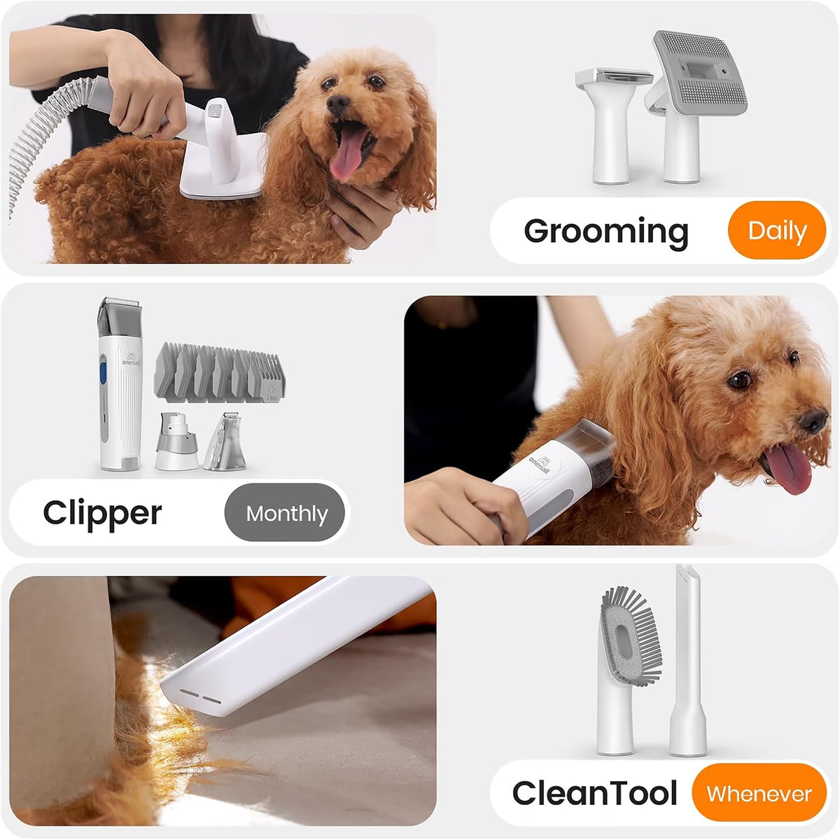 7 in 1 Dog Grooming Kit, Low Noise Pet Grooming Vacuum with 1.5 L Dust Cup, Dog Vacuum for Shedding Grooming, with 7 Professional Grooming Tools for Dogs Cats Pet Hair & Home Cleaning, Gray