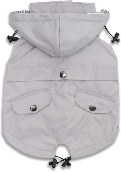Zip up Dog Raincoats with Reflective Buttons, Pockets, Rain/Water Resistant, Adjustable Drawstring, & Removable Hood - XXS to XXL - Stylish Premium Dog Raincoats (Light Grey, Large)