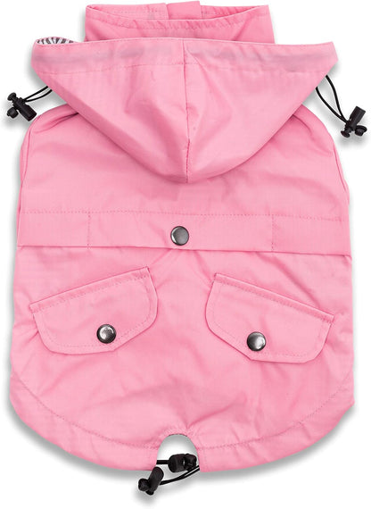 Zip up Dog Raincoats with Reflective Buttons, Pockets, Rain/Water Resistant, Adjustable Drawstring, & Removable Hood - XXS to XXL - Stylish Premium Dog Raincoats (Pink, Small)