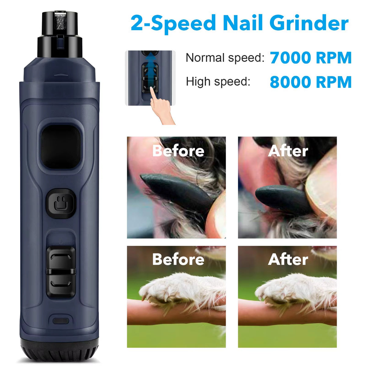 PAWSUNDAY Dog Nail Grinder with 2 LED Light 8000-10000 RPM Powerful Electric Pet Nail Trimmer for Dog Cat and Small Animal