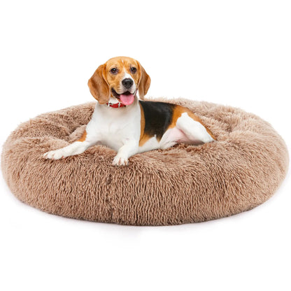 JHK Calming Dog Bed for Medium to Large Dogs Washable Large Pet Bed Anti-Slip round Fluffy Plush Faux Fur Dog Bed